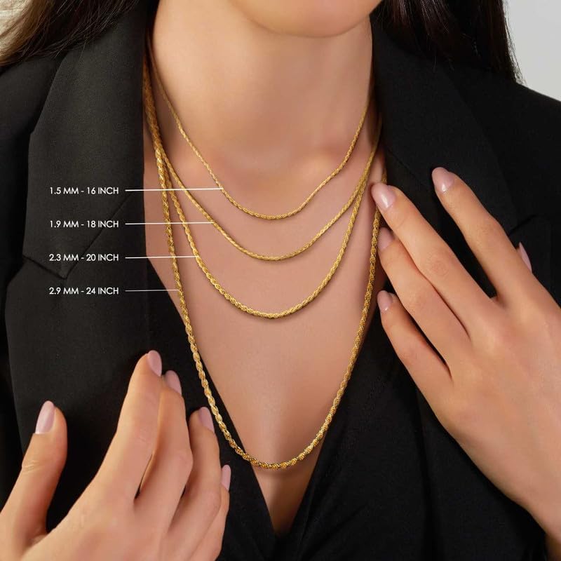 Italian 925 Sterling Silver Solid Diamond Cut Rope Chain Necklace - for Men & Women - Available in Sterling Silver, Yellow Gold Flash Plated Sterling Silver, or Rhodium Plated Sterling Silver - in Various Widths - Versatile Lengths: 16in, 18in, 20in, 22in, 24in, 28in, 30in - Image 4