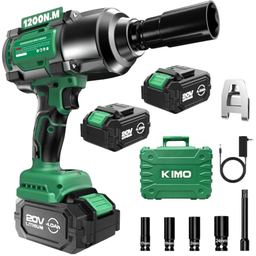 Image of KIMO Impact Wrench 1 /2 Inch, 890Ft-Lbs(1200N.m), 4000RPM /2900IPM Brushless Motor High Torque Impact Driver w /Battery, 3 Modes, Variable Speeds, LED Light, Cordless Impact Gun for Car /Truck, 2x4.0Ah