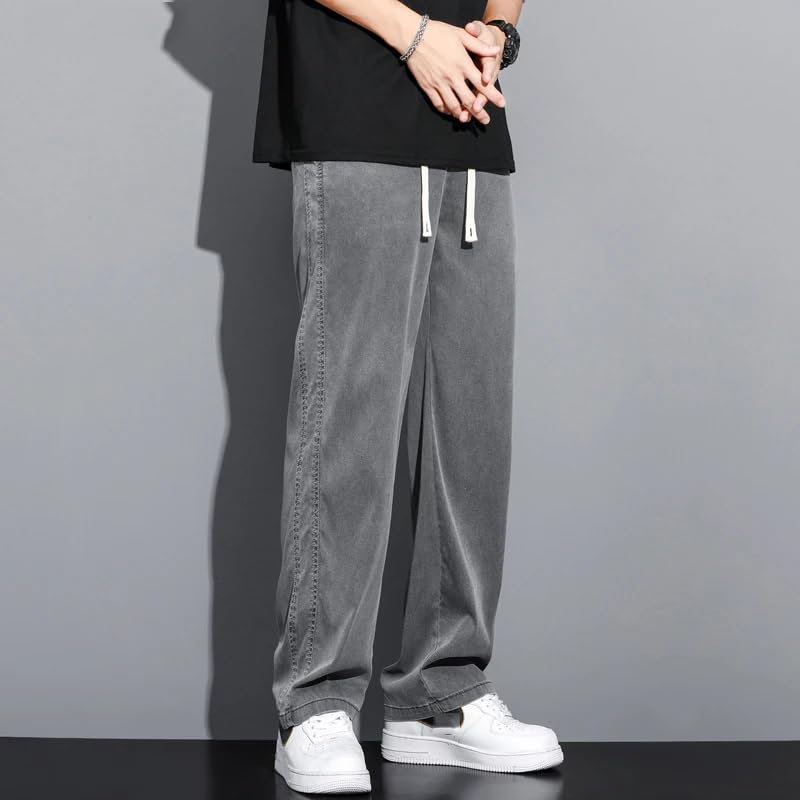 Summer Men's Jeans Thin Loose Straight Pants Drawstring Elastic Waist Casual Trousers2