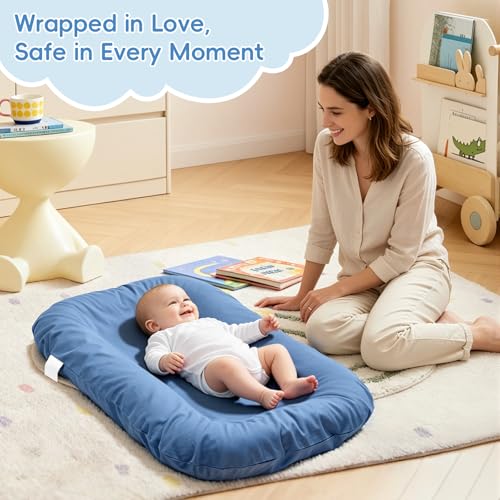 Image of Baby Lounger for Newborn 0-12 Months,100% Cotton Breathable Infant Lounger, Baby Shower Gift, Portable Lightweight Baby Nest for Home & Travel(Dusty Blue)