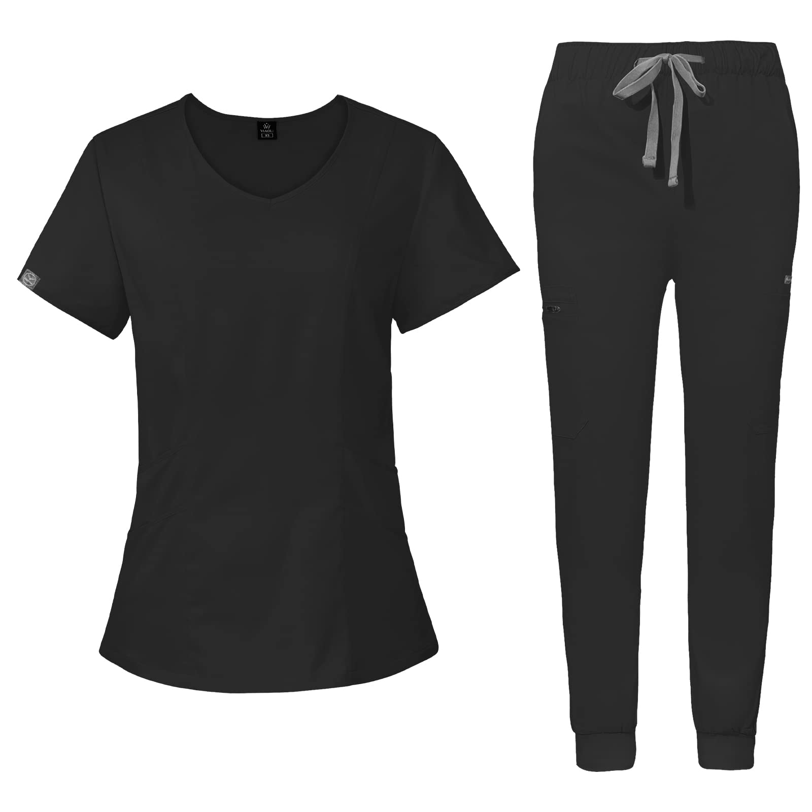 VIAOLI Medical Uniforms Nurse Women Doctor Nursing Hospital Scrub Sets Top &Jogger Pants Pet Clinic Clearance Workwear (S, Black)
