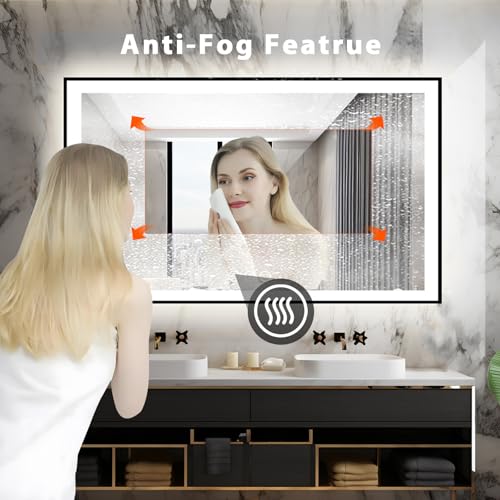 48x30 Lighted Mirrors for Bathroom Wall, Modern Rectangle Matte Black Mirror, Tempered Glass,Double Lights, 3 Colors Dimmable Temperature, IP54 Enhanced Anti-Fog, Memory (Horizontal/Vertical)