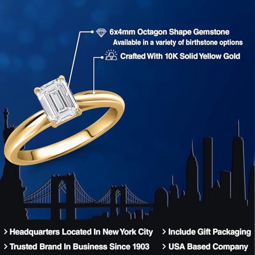 Gem Stone King 10K Yellow Gold Lab Grown Diamond Engagement Ring For Women | 0.65 Cttw | Emerald Cut 6X4MM | Gemstone April Birthstone | DEF Color | VVS-VS Clarity | Available in Size 5,6,7,8,92