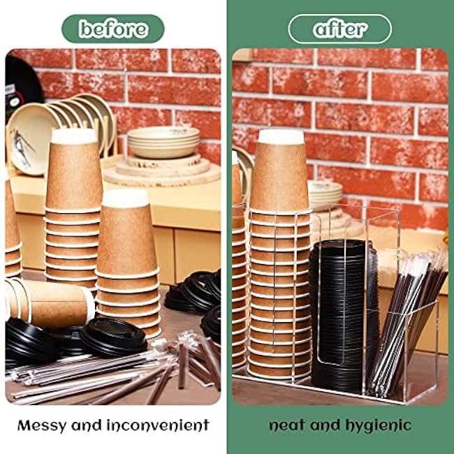 4 Compartments Acrylic Coffee Cup and Lid Storage Organizer Holder Disposable Paper Cup Dispenser Organizer Plastic Lid Holder Accessories for Kitchen Bar Shop Party Supplies(Transparent)