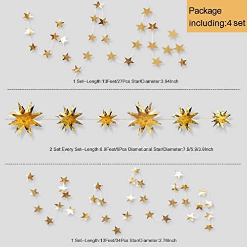 Kit de decorações de festa douradas de papel de estrela Garland 3D Estrelas de festa decoração metál