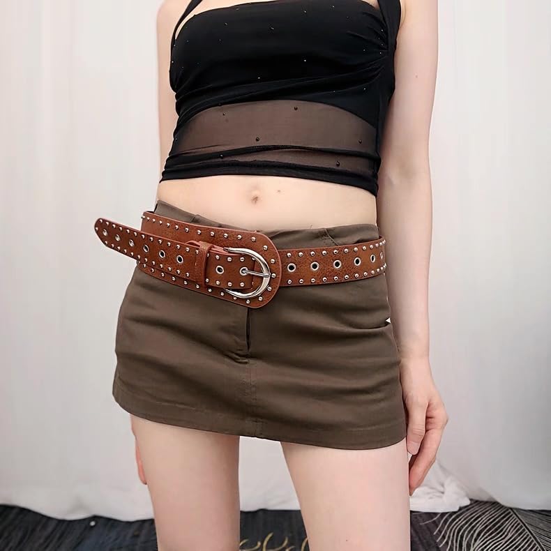 Vintage Wide Belt Rivets Waist Belt with Metal Buckle Black Punk Fashion PU Leather Belt for Women3