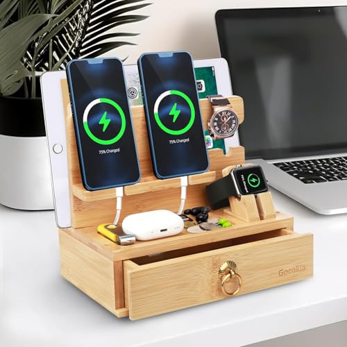 Gocokia Multifunctional Bamboo Stands, Dual Cell Phone Holder, Tablet Storage Stand, Watch Storage Hanger - Image 2