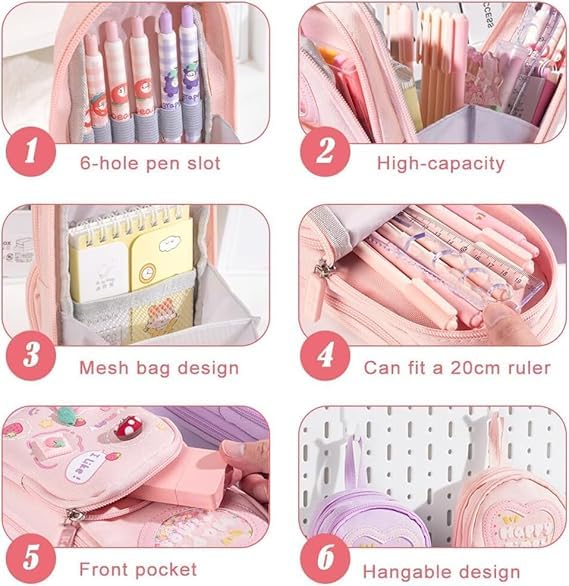 Image of eErlik Premium Pencil Case 6 Layer with 3 Compartment Cute Aesthetic Pencil Case for Girls Large Capacity Pencil Pouch Multifunctional Pouch for School Kids Cute Stationary Gift Pink