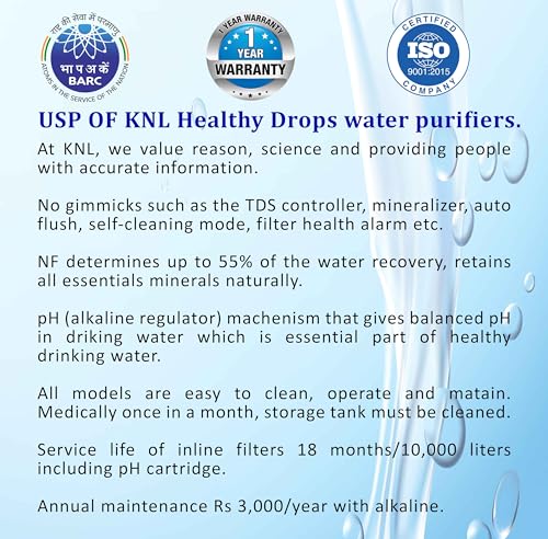 Image of KNL PRO RO blue RO water purifier /filter, SS 304 UV, BARC RO membrane + alkaline regulator, for input TDS range (1400-3000) ppm, reduces TDS up to 96%, storage 10 ltrs, no TDS adjuster + TDS meter