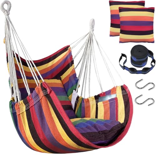 Image of Halalona Hammock Chair Hanging Hammock Chair Rope Swing 2 Cushions Included-Sturdy & Durable Soft Cotton Hand Woven Hammock Swing for Bedroom, Porch, Patio-Indoor /Outdoor