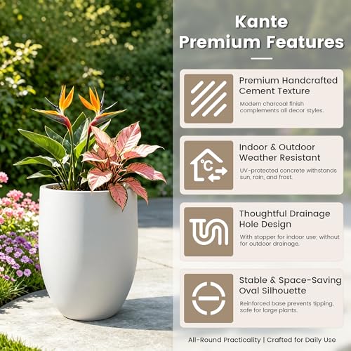 Image of Kante 21.7 inch H Snow White Concrete Planter, Lightweight & Crack-Resistant Large Pot with Drainage Hole & Rubber Plug, Modern Textured Round Container for Home Garden Gift