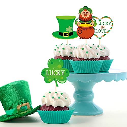 Dtzzou 24 Pieces Shamrock Clover Cupcake Toppers Gold Pot Coin Rainbow Cake Toppers For St Patrick's Day Irish Theme Party Favor Supplies #TOP2