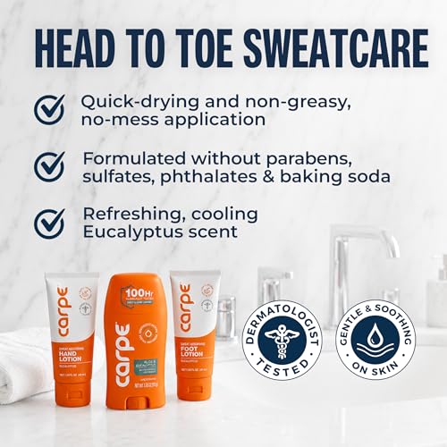 Image of Carpe Head to Toe Bundle - Underarm Antiperspirant Deodorant - Sweat Absorbing Hand Lotion - Sweat Absorbing Foot Lotion - Manage Sweat & Odor for Hands, Feet, Underarms - Eucalyptus Scent