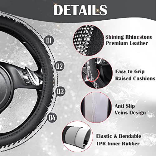 Image of CAR PASS Diamond Black Leather Steering Wheel Cover, with Bling Crystal Rhinestones Universal Fit 14 inch 1 /2-15 inch Crystal Glitter for Women Sparkle Girl Fit Suvs,Vans,Sedans,Cars,Trucks, White Diamond