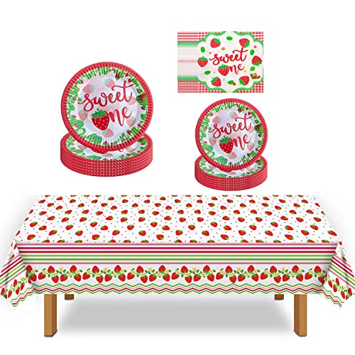 Strawberry Birthday Decorations Strawberry theme birthday party supplies include strawberry plates and tablecloth napkins