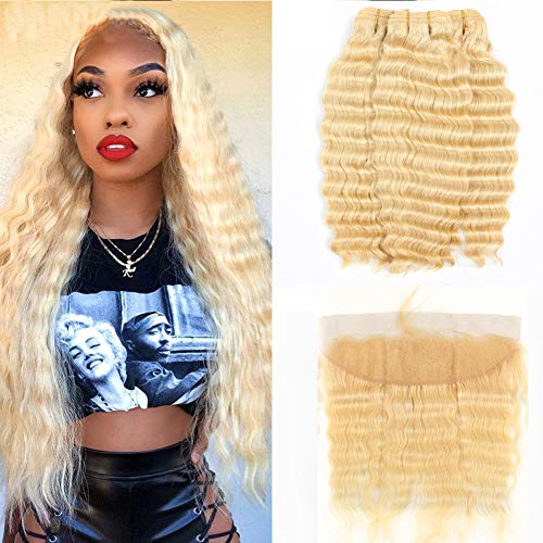 Mydiva 613 Bundles With Frontal Blonde Deep Wave Bundles With Frontal Peruvian Loose Deep Human Hair 3 Bundles With 13x4 Transparent Lace Frontal (20 20 20+18, bundles with frontal)