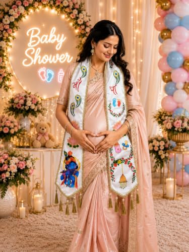 Image of Mom to Be Baby Shower Dupatta for Godh Bharai and baby shower Stoles with Bal Krishna Print, Ceremonial Festive Seemantham Functions FREE Shreenathji Brooch Pin for Dad to Be