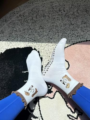 Women's Cute Grip Pilates Socks Non-Slip Yoga Ballet Socks with Ruffle Cuff & Embroidery3