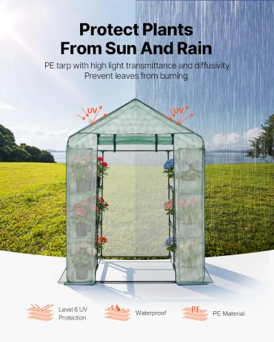 Image of VEVOR Walk-in Greenhouse, 55.5 inch x 56.1 inch x 78.7 inch Greenhouse for Outdoors with PE Cover, 2 Tiers 8 Shelves, Roll-Up Zipper Door, Walk in Green House, Portable Plant Garden Hot House for Backyard Outside