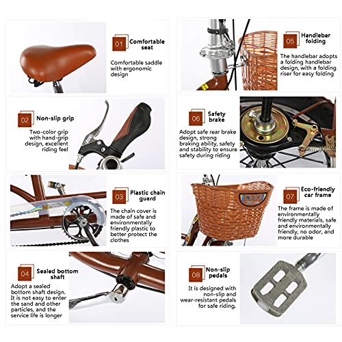 Dreirädriges Cruiser-Fahrrad, Outdoor-Sport-Dreirad für Erwachsene, 14-Zoll-Single-Speed-Fahrrad mit großem Korb für Freizeit, Einkaufen, Picknicks, Übungen (braun) – Bild 6