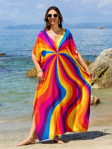 Image of sunforyou Kaftan Dresses for Women Plus Size Lightweight Swimsuit Cover up Batwing Sleeve Print Loungewear Beach Robe