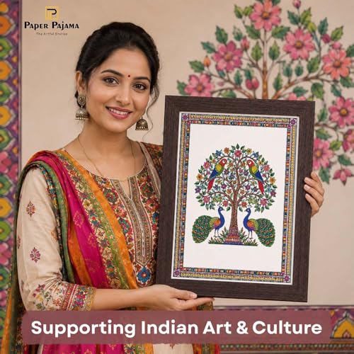 Image of PAPER PAJAMA Madhubani Tree of Life Wall Art for Living Room | Peacock & Parrot Folk Art Painting | Traditional Mithila Framed Decor for Home, Office & Bedroom (10x13 Inches)