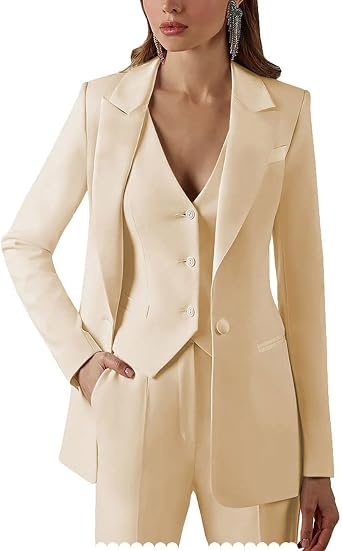 Business Womens Suit Formal Slim Fit 3 Piece Long Sleeved Elegant Blazer Notched Lapel Jacket