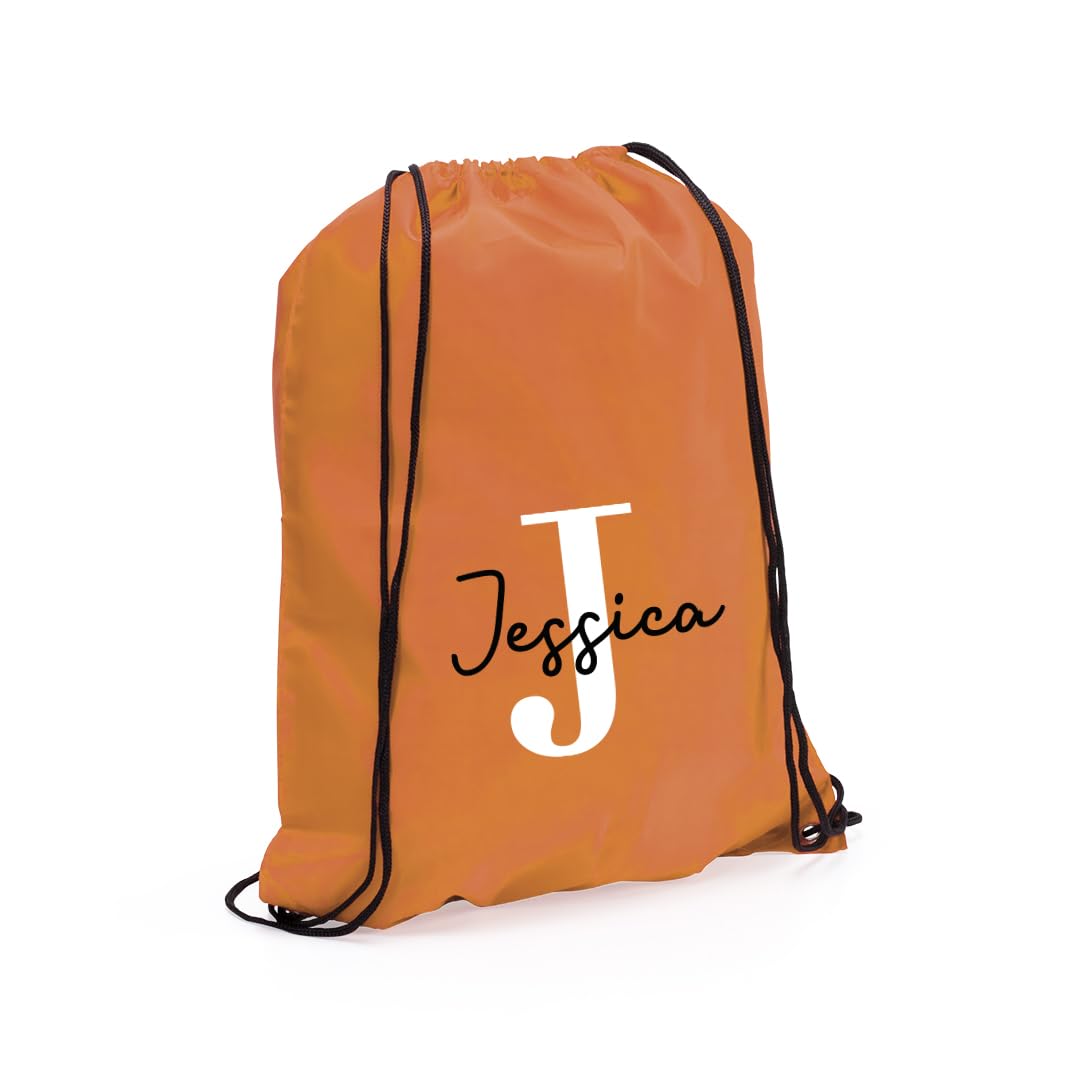 eBuyGB Personalised Drawstring Bag with Initial & Name, Monogrammed Kids Backpack, Gym Rucksack, School Sport Bag, Children's PE Kit (Orange)