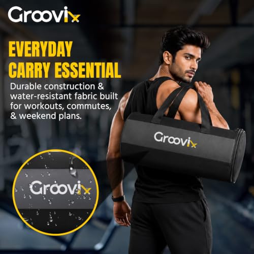 Image of GROOVIX 20L Gym Bag, Black, Polyester, Water Resistant, with Dedicated Shoe Compartment, Adjustable Shoulder Strap, Unisex Duffel for Training, Yoga, and Travel