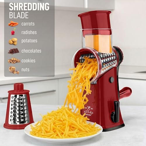Image of Zulay Kitchen Rotary Cheese Grater 5 Blade Cheese Shredder - Manual Hand Crank Cheese Grater With Reinforced Suction & 5 Interchangeable Drums - Easy to Use, Vegetable Chopper Round Mandoline Slicer