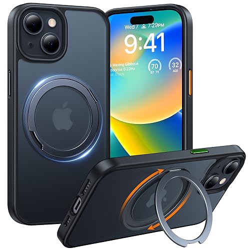 TORRAS 360°Rotatable Ring for iPhone 15 Pro Case, Compatible with MagSafe 15 Pro Case with Stand Translucent Slim Protective Ring Holder Military Grade Shockproof Cover for 15 Pro 2023, Blac