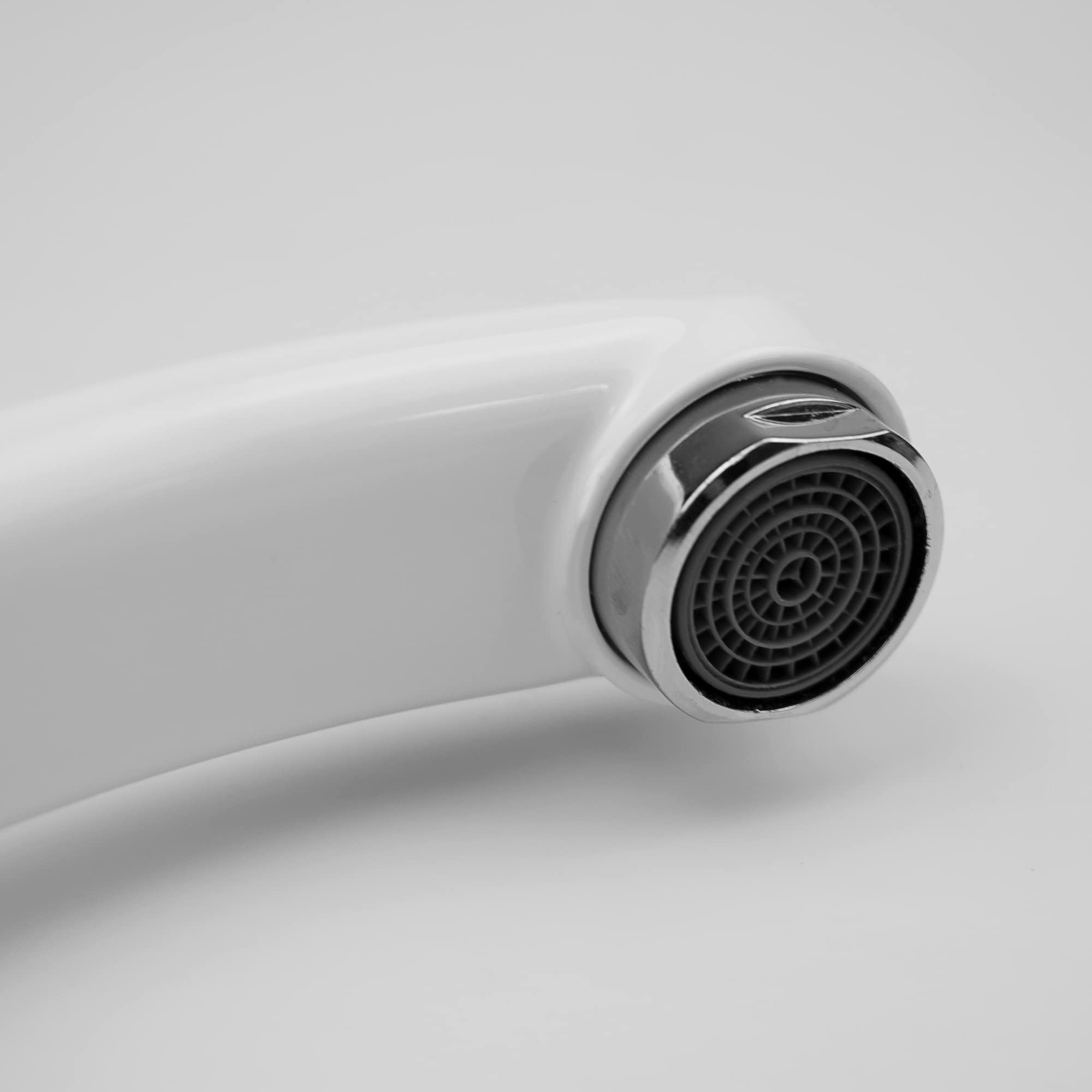 Grifos de cocina redondos blancos | Monobloc de palanca superior giratoria con mangueras y accesorios estándar | Grifos de cocina que ahorran espacio, ideales para fregaderos de cocina,