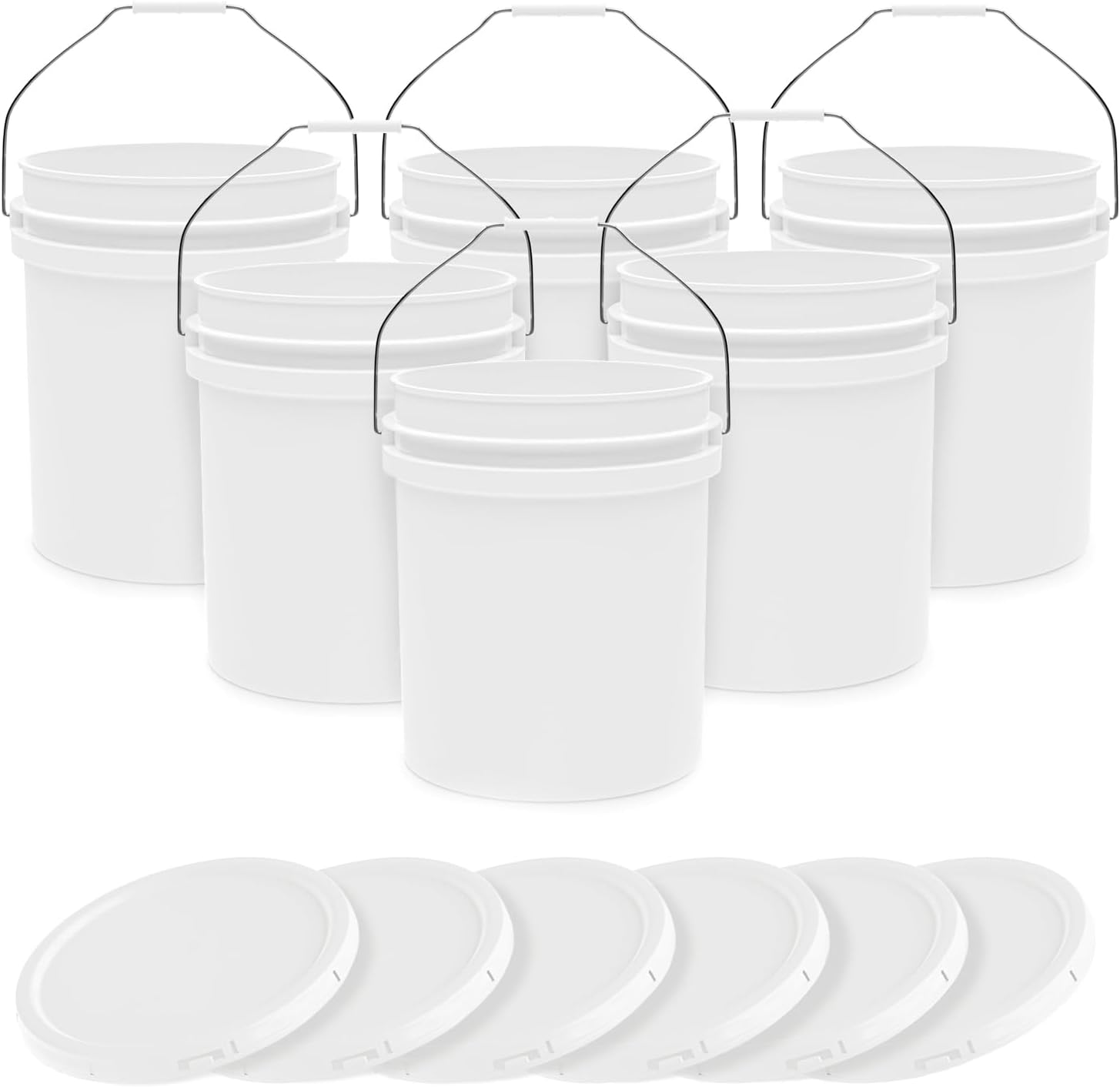 5-Gallon White Bucket Pail Container with Lid | Food Grade | Heavy-Duty 90MIL Extra Durable | Metal Handles with Plastic Grip for Easy Carrying | Multi-Use | Easy Stack and Store | BPA Free - 6 Pack