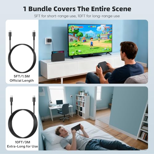 Image of (2 Pack) Switch 2 Charger with 5FT /10FT USB-C Cables, 60W PD3.0 Fast Charger for Nintendo Switch 2 /1 /OLED /Lite /Steam Deck, 4K TV Dock Ready AC Adapter, Works with USB-C Devices - Compact & Durable