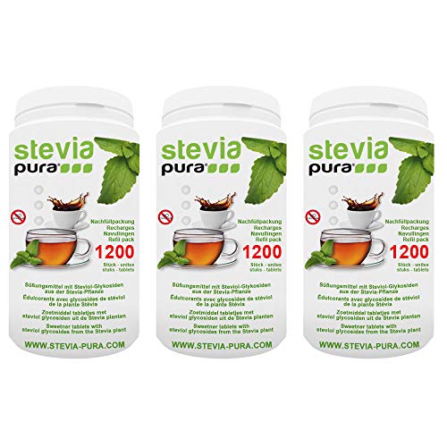 steviapura | Stevia Tabs - Nachfüllpackung - 3 x 1200 Stück (3600 Stück), Zuckerersatz in der günstigen Nachfüllpackung + GRATIS Dosierspender Cover