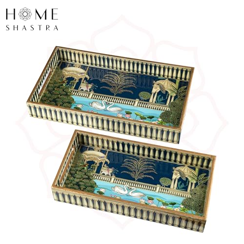 Image of Swan Wooden Serving Tray with Gold Engraving | Set of 2 | Size : 14 x 8 inch & 12 x 6 inch | Enamel Coated Waterproof | Rectangular | Swan Set of 2