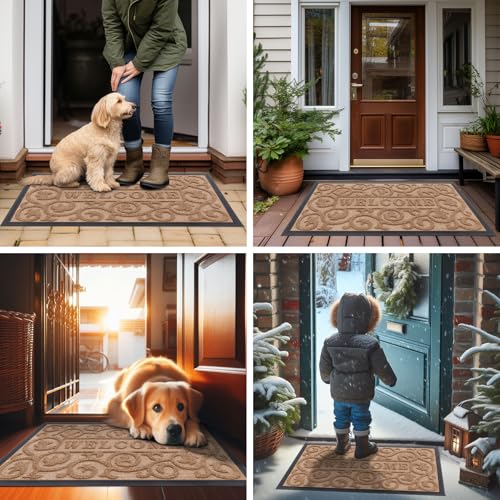 Image of Smiry Welcome Door Mat Outside Entrance, Heavy Duty Trap Dirt and Moisture Easy Clean Low Profile Patio Porch Indoor Outdoor Front Doormat for Entry, 29.5x17 Inch, Coffee