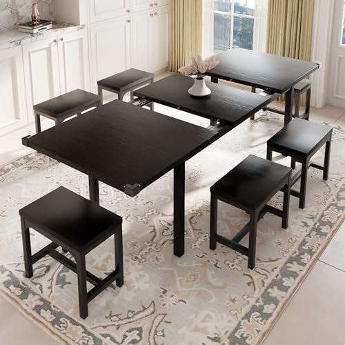 Feonase 7-Piece Dining Table Set for 4-8, 63" Large Extendable Kitchen Table Set with 6 Stools, Modern Dining Room Table with Heavy-Duty Frame, Easy Assembly, Black