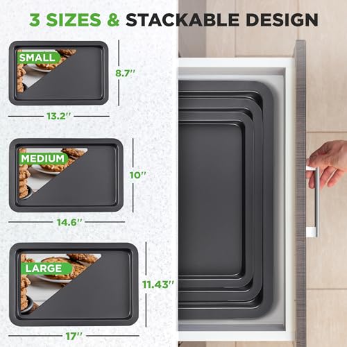 Image of NutriChef Baking Sheet, Baking Tray, Pan, Cookie Sheets, Baking Set, Sheet Pan, Nonstick, Professional Quality, 3 Piece Set, Stackable, Black