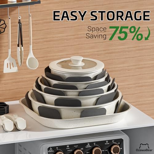 Image of 26 Pcs Pots and Pans Set Non Stick, Ceramic Cookware Set Non Toxic with Detachable Handles, Healthy Induction Cookware Oven Safe RV Kitchen Set, PFAS PFOA & PTFE Free, Cream White