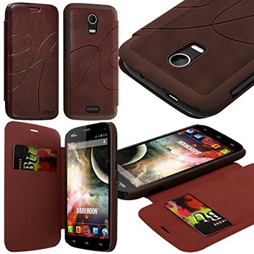Seluxion - Coque Housse Etui à Rabat latéral et Porte-Carte pour Wiko Darkmoon Couleur Marron + Film de Protection d'écran