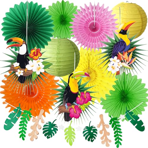 Tropical Bird Toucan Leaf Garland Party Kit for Summer Hawaiian Luau Tiki Tropical Jungle Themed Party Decorations Luau Party Supplies Decor with Palm Leaves Paper Fan Paper Lanterns