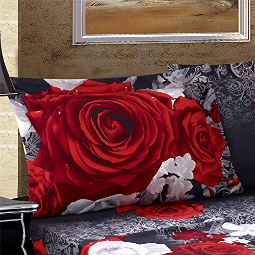 Hig 3D Bed Sheet Set - 4 Piece 3D Red And White Rose Reactive Printed Sheet Set Queen Size (Y31) - Soft, Breathable, Long-Lasting, Fade Resistant - Includes 1 Flat Sheet,1 Fitted Sheet,2 Shams #TOP1