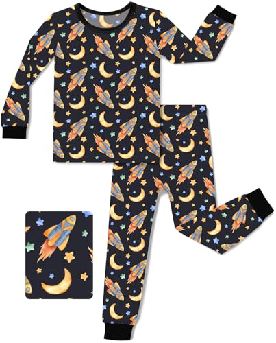 Bamboo Viscose Toddler Pajamas Boys Girls Kids Baby 2pcs Long-Sleeve Rocket Pyjamas Set 8Y Snug fit Sleepwear Pjs