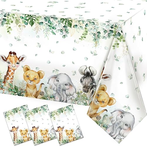 Image of TREWAVE 3 Pcs Jungle Safari Animal Tablecloths Wild Animals Plastic Table Cover Wild Creatures Printed Tablecloth for Boy Girl Baby Shower Birthday Table Decoration Supplies, 54 inch x 108 inch