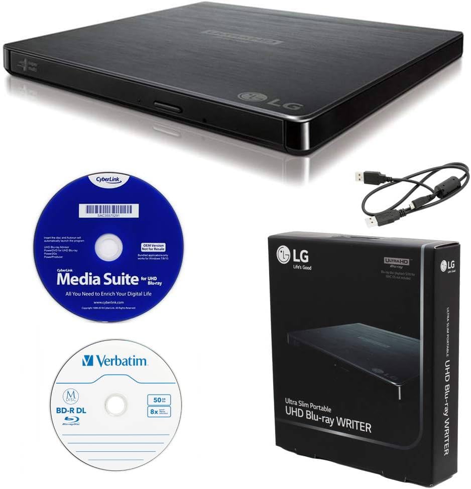 Produplicator LG BP60NB10 Portable 6X Ultra HD 4K Blu-ray Burner External Drive with CyberLink Software, 50GB M-DISC BD-R DL, and USB Cable - Burns CD DVD BD DL BDXL Discs