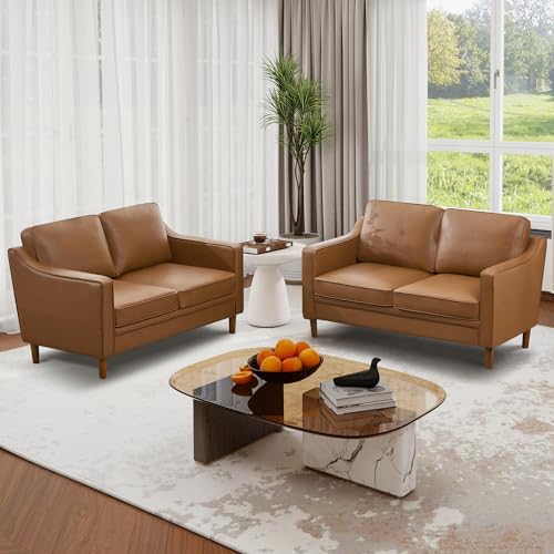Image of Kingfun 60 inch Faux Leather Sofa, Loveseat Couch, Mid Century Modern Love Seat Couches with Solid Wood Frame for Living Room Bedroom