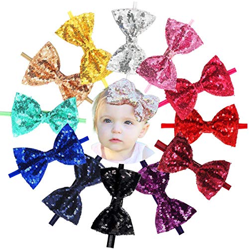 12Pcs Baby Girls Headbands 5 Inch Big Bling Sparkly Glitter Sequin Hair Bows Headband Soft Nylon Hairbands for Newborn Infant Toddlers