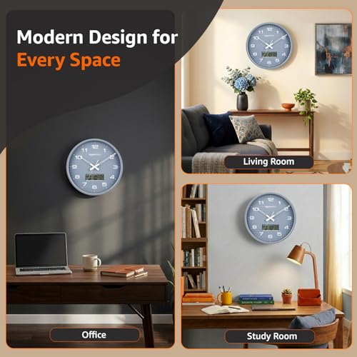 Image of Amazon Basics 12.5 Inch Analog Digital Wall Clock with LCD Display | Day Date Month Temperature | Silent Sweep Quartz Movement | Large Easy Read Numbers | Dual Battery Operated for Home Office (Grey)