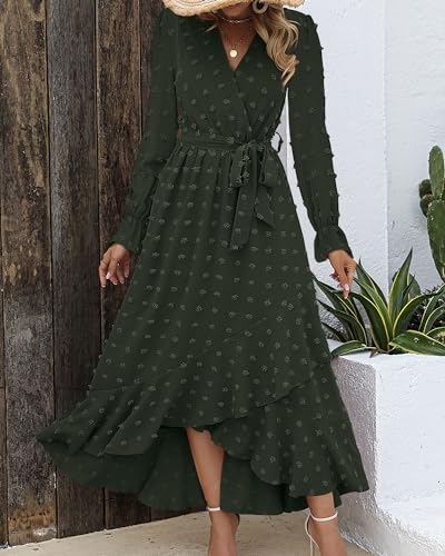 BTFBM Long Sleeve Maxi Dresses for Women V Neck Swiss Dot Boho Flowy Slit Cocktail Wedding Guest Dress Fall Clothes 20254